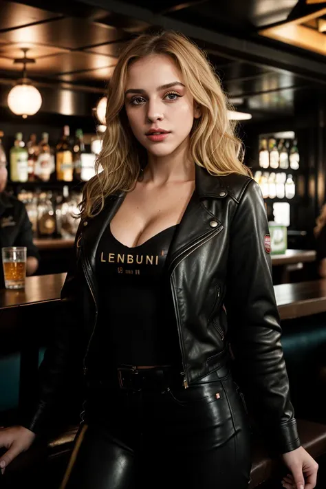 RAW photo,  tv_Marlena_MXAI, ,  , hard expression, wearing biker boots, wearing detailed leather pants, wearing a band t-shirt, wearing a leather jacket, standing at the bar in a biker bar, shot from the side,, 8k resolution, highres, high detail, sharp focus, detailed skin,  8k uhd,