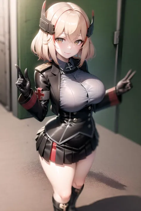 masterpiece, best quality, RoonV4, 1girl, solo, looking at viewer, smile, skirt, shirt, gloves, long sleeves, closed mouth, standing, jacket, upperbody, sidelocks, pleated skirt, boots, black gloves, collared shirt, miniskirt, black skirt, black footwear, black jacket, buttons, headgear, knee boots, cross, armband, grey shirt, cropped jacket, iron cross,<lora:RoonV4-10:0.8>