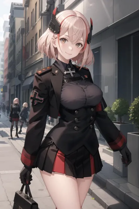 masterpiece, best quality, RoonV4, 1girl, solo, looking at viewer, smile, shirt, jacket, upper body, collared shirt, brown eyes, black jacket, buttons, headgear, cross, black gloves, grey shirt, iron cross, skirt, gloves, long sleeves, jacket, sidelocks, pleated skirt, collared shirt, miniskirt, black skirt, buttons, armband, cropped jacket, outdoors, <lora:RoonV4-10:0.7>