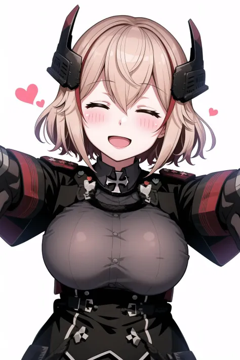 masterpiece, best quality, RoonV4, 1girl, solo, blush, smile, open mouth, simple background, shirt, long sleeves, white background, jacket, closed eyes, upper body, heart, black jacket, headgear, outstretched arms, cross, reaching towards viewer, iron cross
