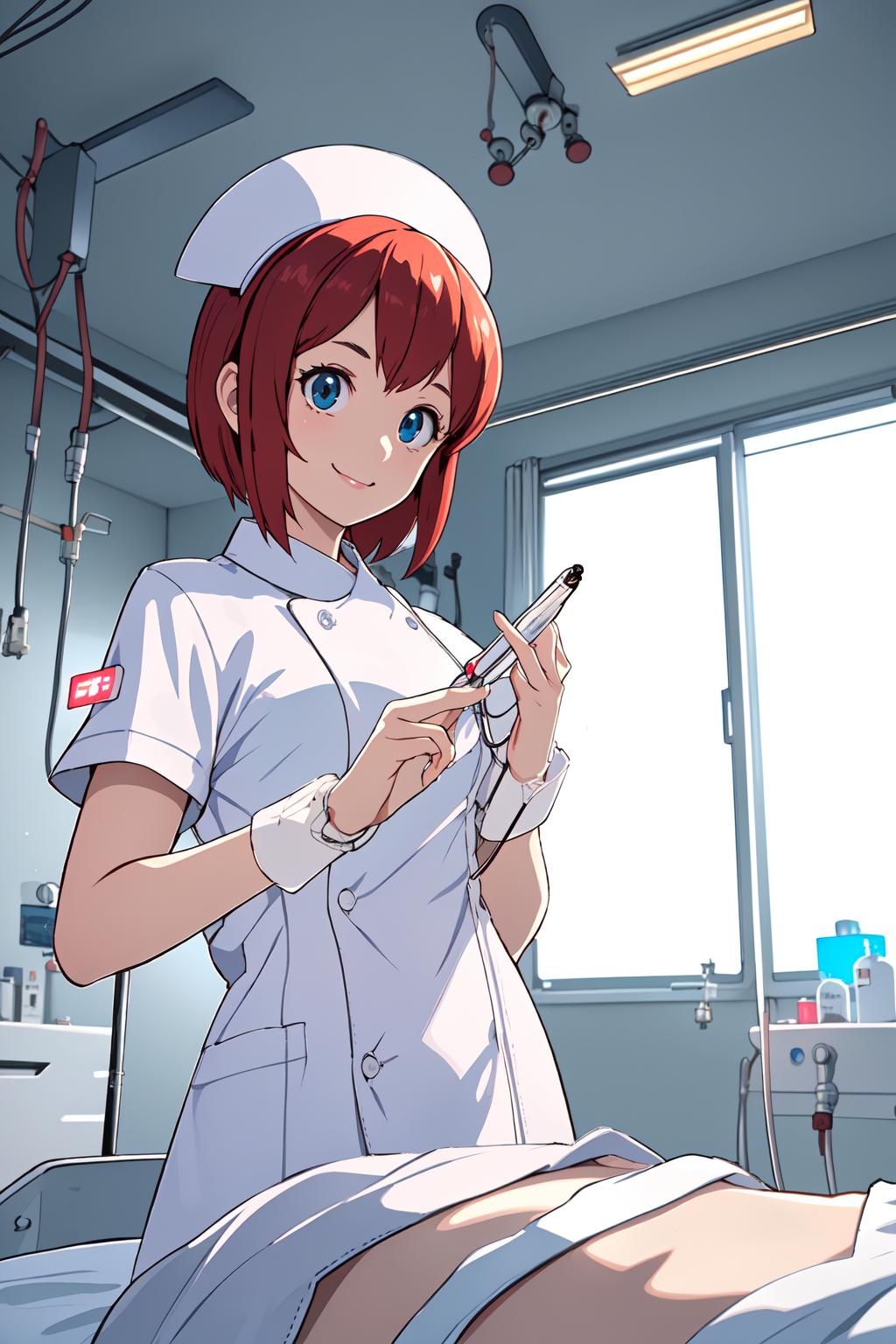 Anime nurse in hospital room with patient in foreground - SeaArt AI