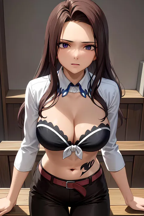 masterpiece, absurdres , (intricate details), (colorful),cinematic lighting,bust shot,extremely detailed CG unity 8k wallpaper,  <lora:cana_v1_5:0.8> canaalberona, bra, tied shirt, front-tie top, pants, belt, detached collar, tattoo,