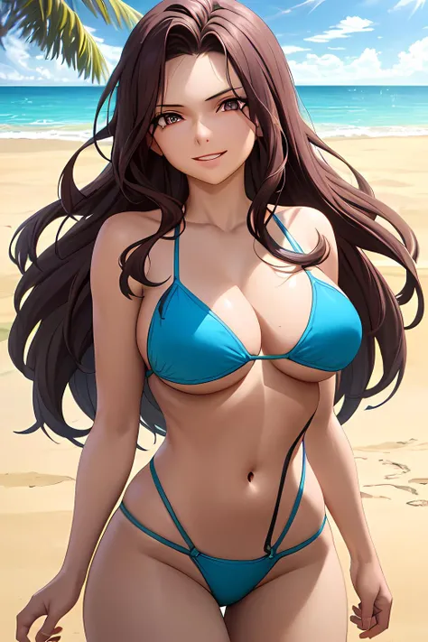 masterpiece, absurdres , (intricate details), (colorful),cinematic lighting,bust shot,extremely detailed CG unity 8k wallpaper, 1girl, mature female,breasts,(bikini, o-ring:1.2), beach, summer, sunlight, ocean,wind, cloudy sky, palm tree, smile, parted lips, looking at viewer, running, <lora:cana_v1_5:0.8> canaalberona
