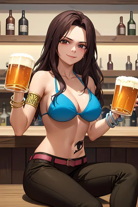 masterpiece, absurdres , (intricate details), (colorful),cinematic lighting,bust shot,extremely detailed CG unity 8k wallpaper, <lora:cana_v1_5:0.8> canaalberona, blue bikini, bikini top only, pants, belt, armlet, bracelet, tattoo, bar\(place\), holding beer mug in bar, looking at viewer, smile, (drunk:1.5), sitting, bar counter