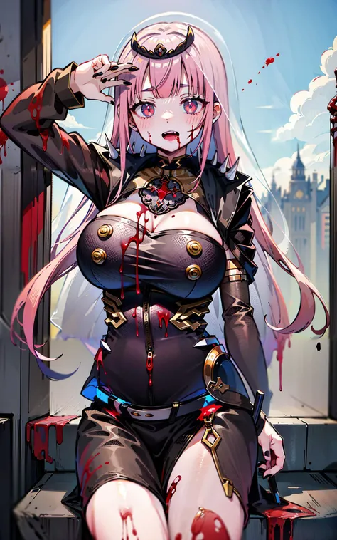 1girl, bangs, black_dress, black_nails, blood, blood_from_mouth, blood_on_clothes, blood_on_face, blood_on_hands, blood_on_weapon, blood_splatter, blue_sky, blunt_bangs, breasts, cleavage, covered_navel, day, dress, eyebrows_visible_through_hair, knife, large_breasts, long_hair, looking_at_viewer, mori_calliope, nail_polish, open_mouth, pink_hair, red_nails, side_slit, sky, smile, solo, spikes, tiara, veil, virtual_youtuber