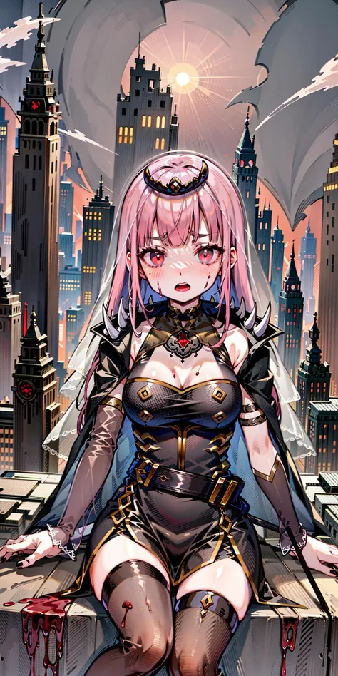 1girl, bangs, black_dress, blood_on_face, blunt_bangs, breasts, building, castle, city, cityscape, dress, eyebrows_visible_through_hair, house, long_hair, looking_at_viewer, mori_calliope, open_mouth, outdoors, photo_background, pink_eyes, pink_hair, red_eyes, scythe, shoulder_spikes, side_slit, sitting, sky, skyscraper, solo, spikes, sunset, thighhighs, tiara, twilight, veil, virtual_youtuber
calliope mori, pink hair, hair ornament, grim reaper, blood, dripping blood,