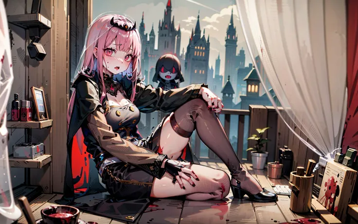 calliope mori, pink hair, hair ornament, grim reaper, blood, dripping blood, scenery,