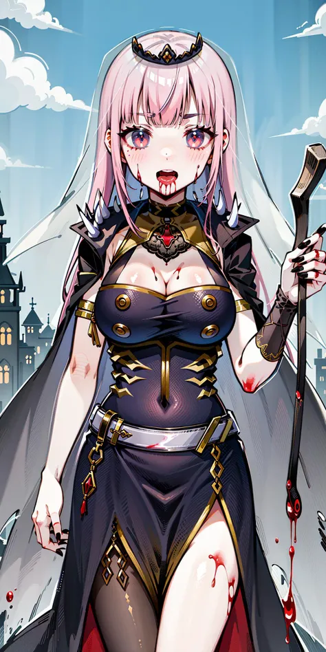 1girl, bangs, black_dress, black_nails, blood, blood_from_mouth, blood_on_clothes, blood_on_face, blood_on_hands, blood_on_weapon, blood_splatter, blue_sky, blunt_bangs, breasts, cleavage, covered_navel, day, dress, eyebrows_visible_through_hair, knife, large_breasts, long_hair, looking_at_viewer, mori_calliope, nail_polish, open_mouth, pink_hair, red_nails, side_slit, sky, smile, solo, spikes, tiara, veil, virtual_youtuber