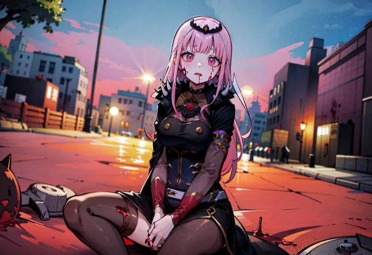 calliope mori, pink hair, hair ornament, grim reaper, blood, dripping blood, scenery,