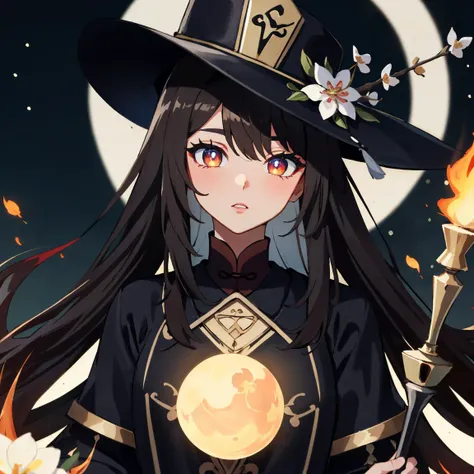 Highly detailed, High Quality, masterpiece, perfect ligthing, volumetric light, very detailed eyes, detailed face, mage_glam, caftan, staff, background is a field of giant glow in the dark beautiful white flowers and multiple moons while controlling fire,<lora:hutao1:0.6> hutaodef, <lyco:Oriental_Mage:1.0>