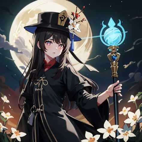 Highly detailed, High Quality, masterpiece, perfect ligthing, volumetric light, very detailed eyes, detailed face, mage_glam, caftan, staff, background is a field of giant glow in the dark beautiful white flowers and multiple moons,<lora:hutao1:0.6> hutaodef, <lyco:Oriental_Mage:1.0>