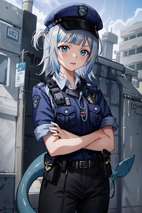 (masterpiece, best quality), intricate details,
1girl,
, police uniform, <lora:GCop:0.8> GCop, <lora:gawrGuraHololive_v2:0.8> gawr gura, shark girl, shark tail, shark print, sharp teeth, animal hood, shark hair ornament,
