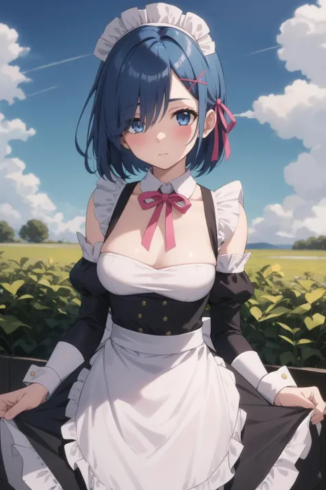 1girl, solo, breasts, looking at viewer, blush, short hair, blue eyes, hair ornament, dress, ribbon, medium breasts, blue hair, hair ribbon, outdoors, detached sleeves, sky, day, hair over one eye, apron, blue sky, maid, maid headdress, x hair ornament, pink ribbon