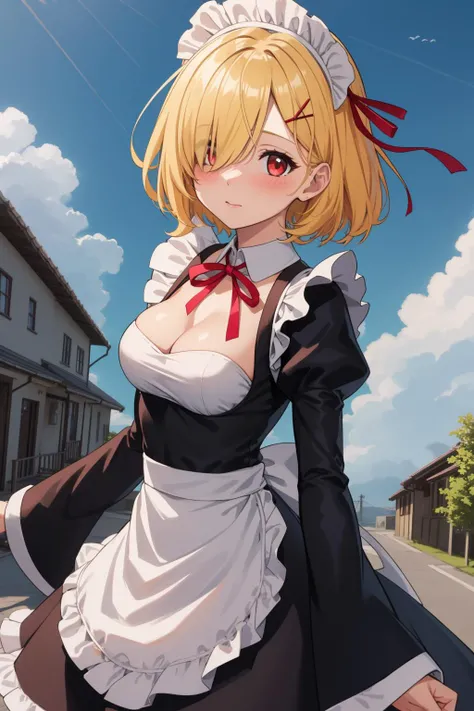 1girl, solo, breasts, looking at viewer, blush, short hair, red eyes, hair ornament, dress, ribbon, medium breasts, yellow hair, hair ribbon, outdoors, detached sleeves, sky, day, hair over one eye, apron, blue sky, maid, maid headdress, x hair ornament, pink ribbon