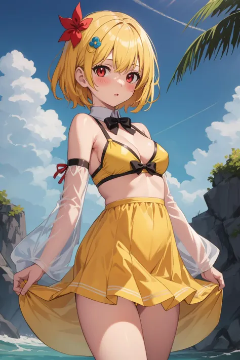 1girl, solo, , looking at viewer, blush, short hair, red eyes, hair ornament, dress, ribbon, , yellow hair, hair ribbon, outdoors, detached sleeves, sky, day, yellow 