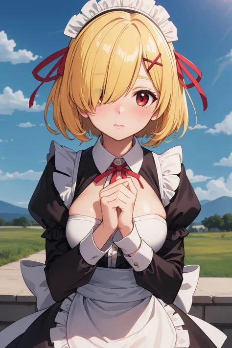 1girl, solo, , looking at viewer, blush, short hair, red eyes, hair ornament, dress, ribbon, , yellow hair, hair ribbon, outdoors, detached sleeves, sky, day, hair over one eye, apron, blue sky, maid, maid headdress, x hair ornament, pink ribbon