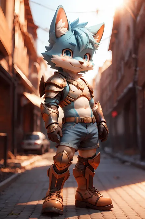 3D,1boy,boy,solo,furry,kemono,pupils,bright_pupils,armored_boots,shoulder_armor,denim_shorts,