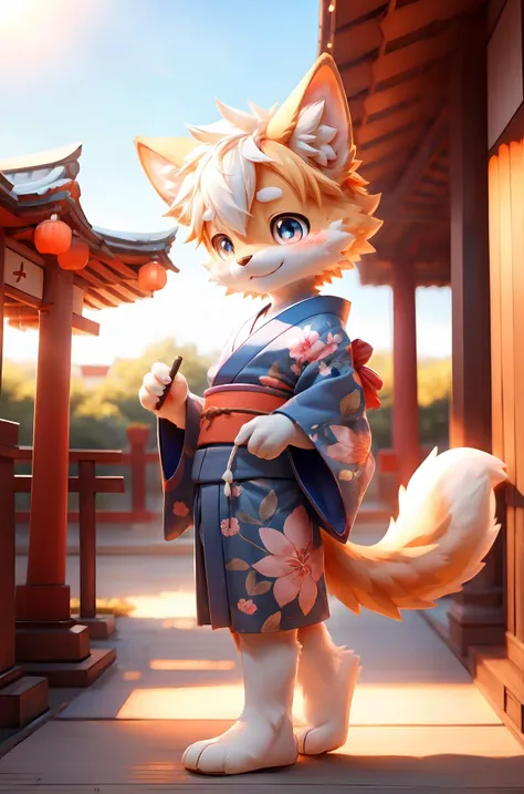 1boy,boy,solo,furry,kemono,pupils,bright_pupils,a tail,japanese_clothes,kimono,gohei,torii,