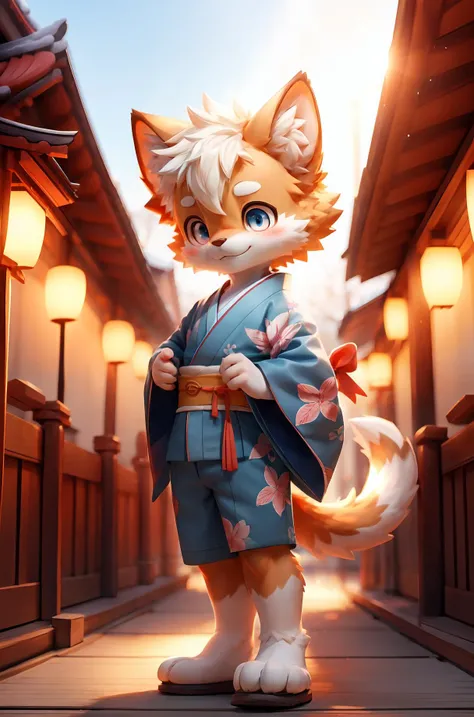 1boy,boy,solo,furry,kemono,pupils,bright_pupils,a tail,japanese_clothes,kimono,gohei,torii,