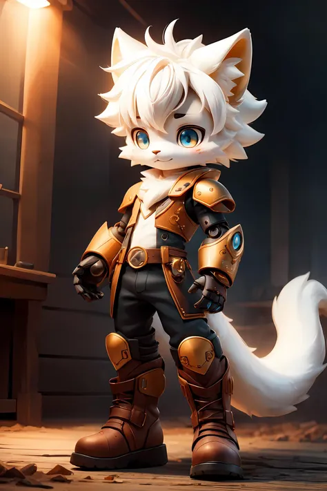 (masterpiece,best quality,hyper quality,8k,absurdres,insane details,intricate details,hyperdetailed,high detail,ultra detailed,realistic:1.4, ),1boy,boy,solo,furry,kemono,pupils,snake_pupils,luminous pupil,steampunk,machine_robo,robot_joints,full_shot,armored_boots,white hair,yellow_fur,