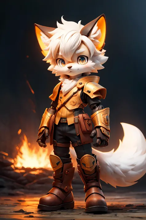 (masterpiece,best quality,hyper quality,8k,absurdres,insane details,intricate details,hyperdetailed,high detail,ultra detailed,realistic:1.4, ),1boy,boy,solo,furry,kemono,pupils,snake_pupils,luminous pupil,steampunk,machine_robo,robot_joints,full_shot,armored_boots,white hair,yellow_fur,fox_tail,