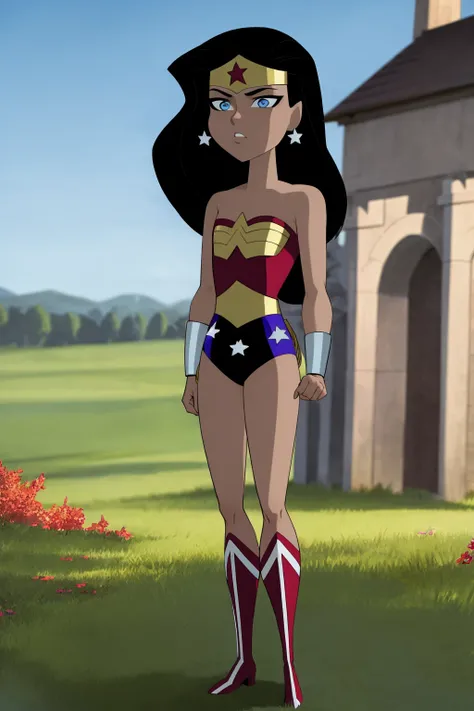 masterpiece, best quality, 1girl, wonderwoman, black hair, long hair, blue eyes, dark skin, bare shoulders, earrings, flat chest, jewelry, leotard, boots, solo, superhero, tiara, full body, standing, contrapposto, grass, blue sky, meadow background <lora:WonderWomanKids:1>