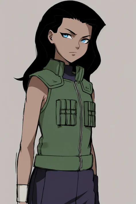 masterpiece, best quality, 1girl, black hair, long hair, blue eyes, tiara, dark skin, flat chest, solo, closeup, sketch,flak jacket, vest, shinobi suit, looking at viewer, simple background <lora:WonderWomanKids:1> <lora:ShinobiSuit:1>