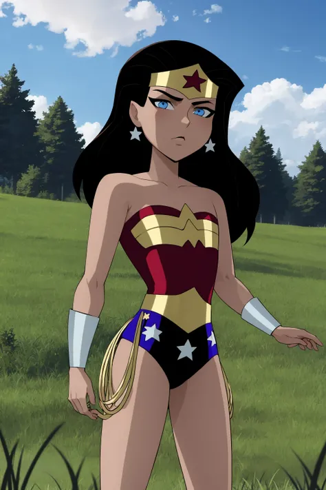 masterpiece, best quality, 1girl, wonderwoman, black hair, long hair, blue eyes, dark skin, bare shoulders, earrings, flat chest, jewelry, leotard, boots, solo, superhero, tiara, standing, contrapposto, grass, blue sky, meadow background <lora:WonderWomanKids:1>