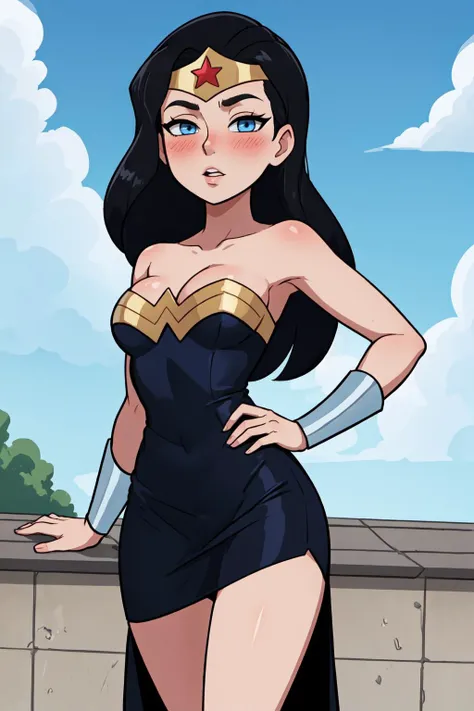 masterpiece, best quality, 1girl, upper body, looking at viewer, contrapposto, hand on hip, wonderwoman, parted lips, contempt, half-closed eyes, blush, black hair, long hair, blue eyes, medium breasts, (black dress:1.35), short dress, party dress, (skindentation:1.2), blue sky, clouds, <lora:Character_DC.Comics_Wonder.Woman:0.55> <lora:Style_Thicker.Lines:0.3> <lora:Concept_Bursting.Breasts:0.8>