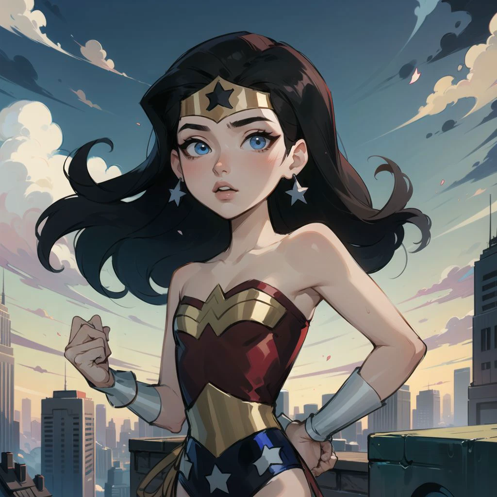 masterpiece, best quality, 1girl, wonderwoman, black hair, long hair, blue eyes, skin, bare shoulders, earrings, flat chest, jewelry, leotard, boots, solo, blue sky, flying, city below <lora:WonderWomanKids:0.8> <lora:LowRA:.3> (AS-YoungV2:1.1) <lora:de-anime-er_v10:-1>, colorful, upper body, hands in fists, holding lasso