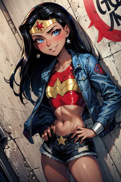 masterpiece,best quality,1girl,mature female,wonderwoman,black hair,long hair,blue eyes,dark skin,medium breasts,tiara,(jacket,crop top,denim shorts:1.2),smile,hands in pockets,against wall,graffiti,outdoors,(dutch angle),<lora:Concept-control tool-add_detail-CyberAIchemist:0.7>,<lora:WonderWomanKids:0.8>,