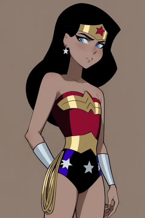 masterpiece, best quality, 1girl, wonderwoman, black hair, long hair, blue eyes, dark skin, bare shoulders, earrings, flat chest, jewelry, leotard, solo, superhero, tiara, simple background <lora:WonderWomanKids:1>