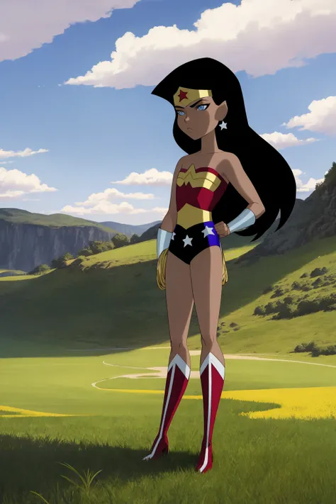 ((1girl, solo)) wwkd black hair, long hair, blue eyes, dark skin, bare shoulders, earrings, flat chest, jewelry, leotard,
tiara, smug, (sitting on bench, spread legs),, seen from below, dynamic angle
,light skin, cameltoe, bare legs, smile, full body, red boots, looking at viewer, solo, simple background, white background