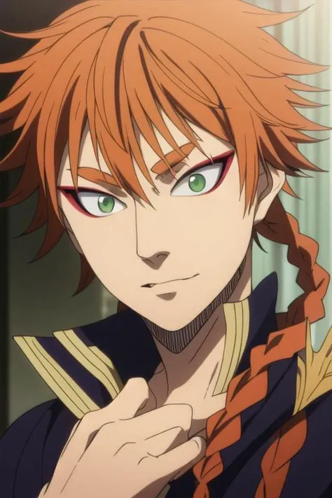 masterpiece, best quality, high quality, 1boy, solo, male focus, looking at viewer, upper body, <lora:leopold_vermillion:0.70>, leopold_vermillion, green eyes, orange hair, braid, realistic