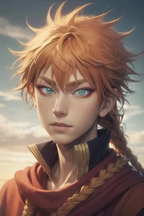 masterpiece, best quality, high quality, 1boy, solo, male focus, looking at viewer, upper body, <lora:leopold_vermillion:0.84>, leopold_vermillion, green eyes, orange hair, braid, realistic
