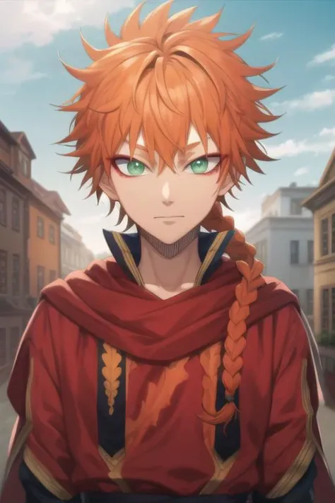 masterpiece, best quality, high quality, 1boy, solo, male focus, looking at viewer, upper body, <lora:leopold_vermillion:0.72>, leopold_vermillion, green eyes, orange hair, braid,