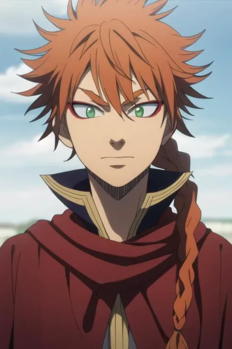 masterpiece, best quality, high quality, 1boy, solo, male focus, looking at viewer, upper body, <lora:leopold_vermillion:0.80>, leopold_vermillion, green eyes, orange hair, braid, realistic