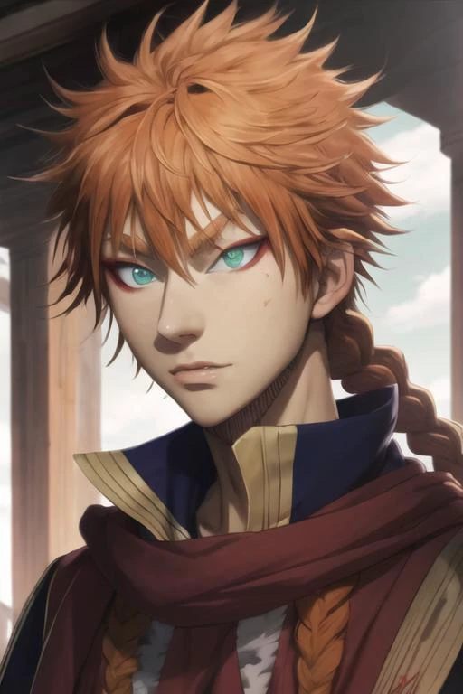 masterpiece, best quality, high quality, 1boy, solo, male focus, looking at viewer, upper body, <lora:leopold_vermillion:0.84>, leopold_vermillion, green eyes, orange hair, braid,