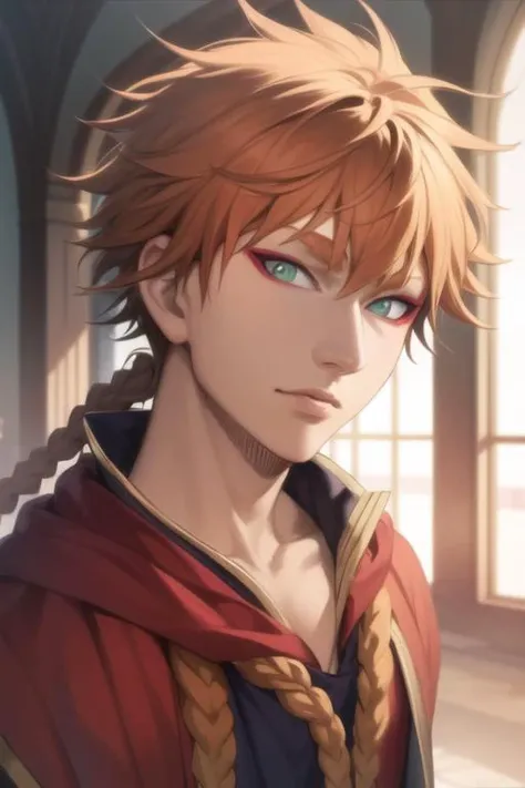 masterpiece, best quality, high quality, 1boy, solo, male focus, looking at viewer, upper body, <lora:leopold_vermillion:0.82>, leopold_vermillion, green eyes, orange hair, braid, realistic