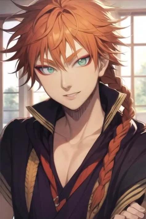 masterpiece, best quality, high quality, 1boy, solo, male focus, looking at viewer, upper body, <lora:leopold_vermillion:0.84>, leopold_vermillion, green eyes, orange hair, braid, realistic