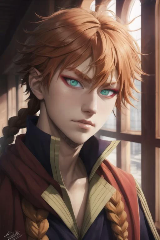masterpiece, best quality, high quality, 1boy, solo, male focus, looking at viewer, upper body, <lora:leopold_vermillion:0.70>, leopold_vermillion, green eyes, orange hair, braid,