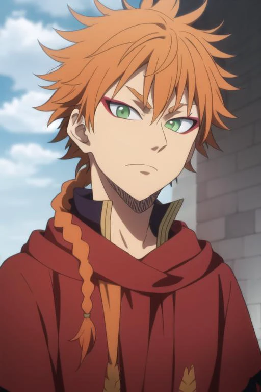 masterpiece, best quality, high quality, 1boy, solo, male focus, looking at viewer, upper body, <lora:leopold_vermillion:0.72>, leopold_vermillion, green eyes, orange hair, braid,