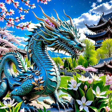 Walking with a dragon <lora:CL_4Guardians_XL_v1:0.8> CL_4Guardians Azure_Dragon, in the background lush spring in Europe, HDRP, tone mapped HDR, wood carving dragon, blooming spring blossoms pearls diamonds in the background shining like stars, first spring leaves buds shoots