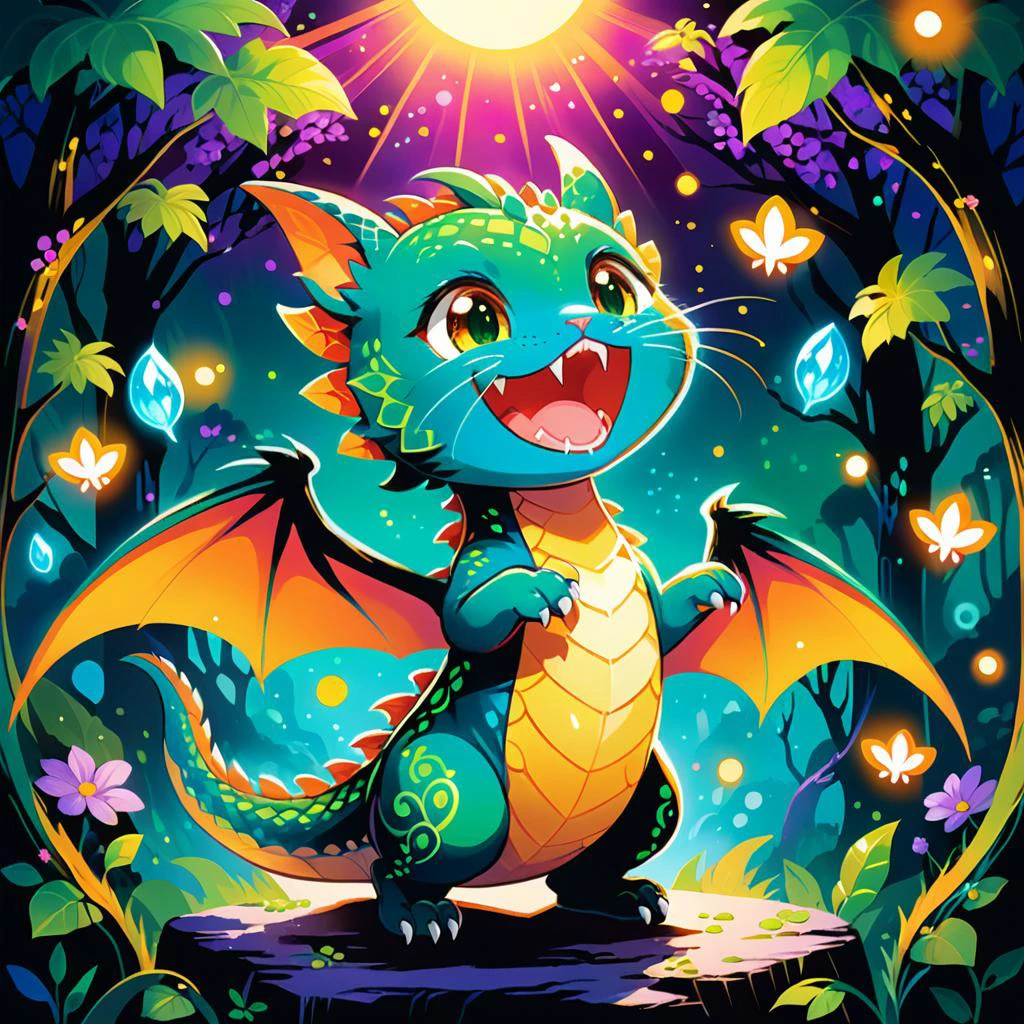 (best quality, high quality, masterpiece),Whimsical and Playful, cute dragon|cat, green, chibi, cute, roaring, otherworldly, fantastical, magical, spreading wings, glistening, shiny,
fantasy background,
BREAK
imaginative, fantastical, bight colors, stylized, happy, Whimsical and Playful,high contrast, bold edge light, light depth, dramatic atmospheric lighting, vivid, colorful,
<lora:add-detail-xl:1.0>, <lora:sd_xl_offset_example-lora_1.0:0.1>, <lora:xl_more_art-full_v1:0.8>