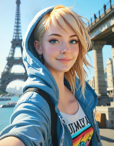 medium shot, pov, taking selfie, 1girl Kira, Holo-Punk Style, razorcut long blonde pixie haircut, side hair shaved, ocean blue eyes, earrings, eyelashes, grin, eyeliner, oversize hoodie, smile, teeth, denim shorts, punkish, cinematic angle, burning Eiffel tower on background, <lora:sd_xl_dpo_lora_v1:1.0>, <lora:RMSDXL_Creative:0.5>, <lora:MJ52:0.5>,