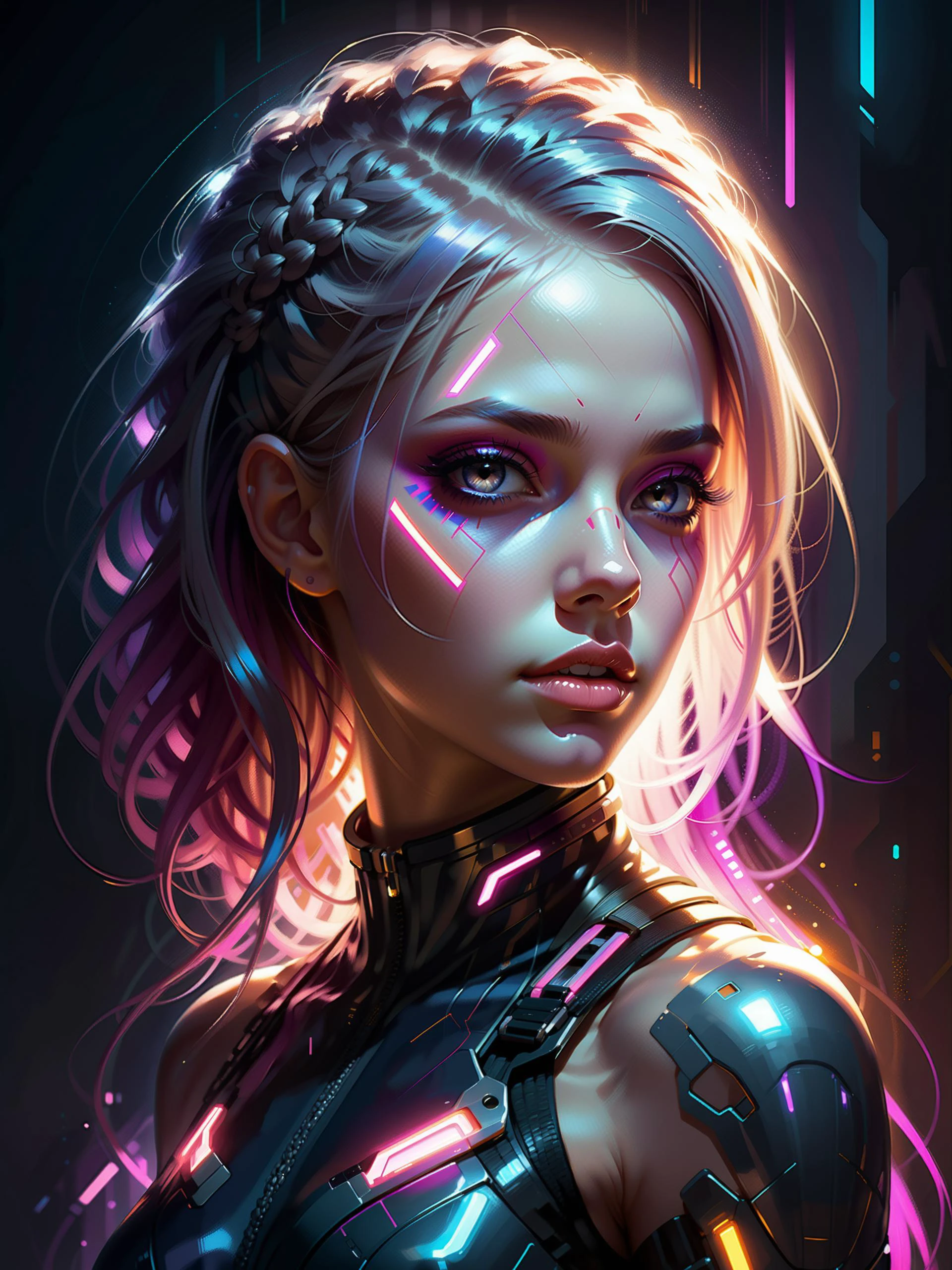 <lora:add-detail-xl:2.4> <lora:xl_more_art-full-xl:0.6> <loractl:envybetterhiresfixxl01-xl:0.2:hr=1.0> <lora:lyco-style-envydramaticlightingxl01_digital_art-xl:0.4> futuristic cyberpunk style, digital artwork in the style of (rossdraws:1.2) and (guweiz:1.2) and (charlie bowater:1.2), a cute and stunningly beautiful dreamy cyberpunk girl with multicolored silky grey and pink hair, french braid hairstyle, long hair, (glowing symmetrical face paint:1.2), high collar, rim lighting, light passing through hair, stunning face portrait, cyberpunk vibes, dark corners, ultra detailed, 8k, uhd