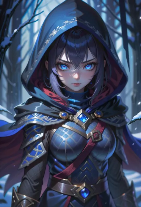 1girl, asian woman, bangs, solo, upper body, detailed background, detailed face, (sinister (DarkFantasy:0.8), dark fantasy theme:1.1), dark blue winter warrior, (glowing eyes:1.05), guardian, dynamic pose, hooded robe, ice shards, cold, snowy background, frozen natural landscape in background cinematic atmosphere