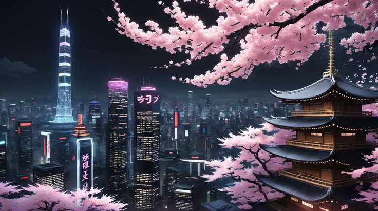 (Anime style), (cel shaded), Neon-lit streets pulse with energy as cybernetic samurai duel atop skyscrapers. Hovering ramen stalls emit savory aromas, drawing hungry patrons. In the heart of Neo-Tokyo, a colossal holographic dragon coils around a digital cherry blossom tree. Its eyesâglowing orbs of codeâlock onto a lone hacker perched on a rooftop. The hackerâs wristband pulses with forbidden knowledge, and the dragonâs gaze intensifies.