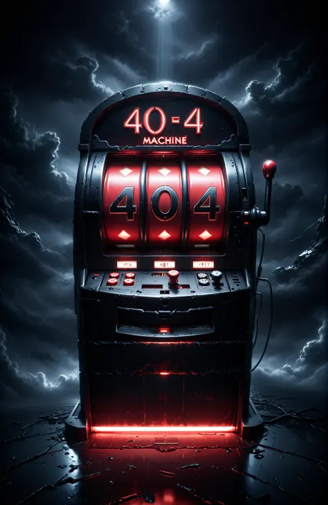 Dark Moody Atmosphere, (404 text logo:1.4), black and red slotmachine showing "404", <lora:Harrlogos_v2.0:1> <lora:xl_more_art-full_v1:0.8>, dramatic, mysterious, dark moody atmosphere