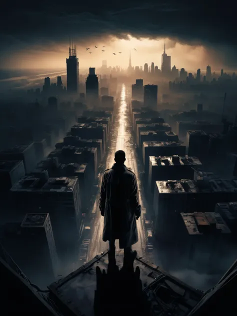 Bird's eye view of silhouette in trenchcoat overlooking a post-apocalyptic city,
ultra detailed, intricate, masterpiece, best quality, detailed, highest quality, highest details, highres, intricate details, intense visuals, 
photograph, photorealistic, raw, vivid, sharp, 8k, cinematic, moody, shadowy, atmospheric, 
 <lora:add-detail-xl:0.8>,  <lora:LowRA:0.7>